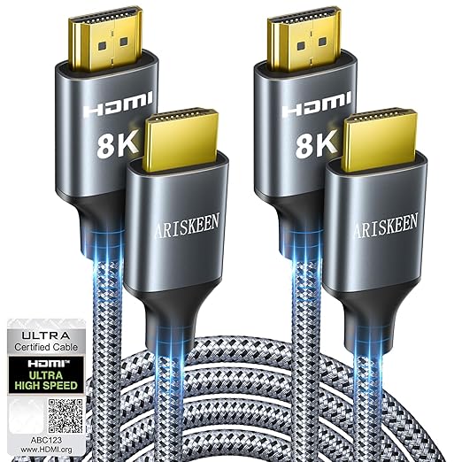 ARISKEEN 8K HDMI Cable 3FT 2-Pack, 48Gbps High Speed HDMI 2.1 Cable, 8K 60Hz, 4K 120Hz 144Hz Support for HDR 10, HDCP 2.2 2.3, eARC, DTS:X, Braided HDMI Cord Compatible with Laptop/HDTV - 3 Feet