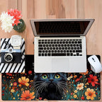 Black Cat and Flowers Gaming Mouse Pad 3mm Thick Stitched Edge Waterproof Non-Slip Large Computer Keyboard Mouse Mat,Suitable for Office Entertainment Decorative Desk Pad 35.4 x 15.7 Inches