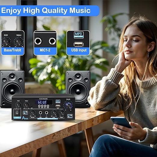 AK55 Stereo Amplifier Home Audio, Bluetooth 5.0 Max 450W Power Stereo Receivers 2.0 Channel Audio Amplifier for Speaker W/Remote Control/AUX/RCA/Echo/USB/2 MIC in for Home Party, Karaoke