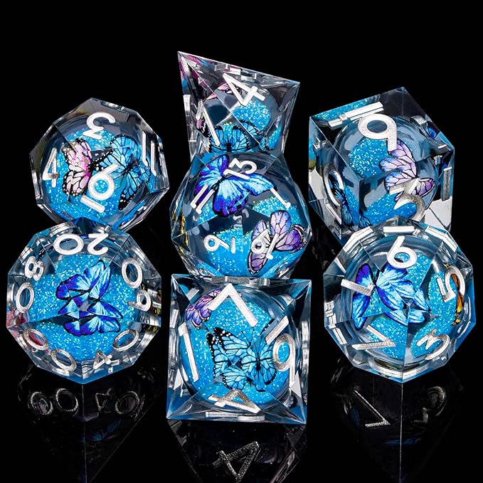 Butterfly DND Dice Blue-Black Liquid Core Dice Set with Metal Box, Handmade Sharp Edge D and D Polyhedral Dice for use with D&D Role Playing Game, D20 D12 D10 D8 D6