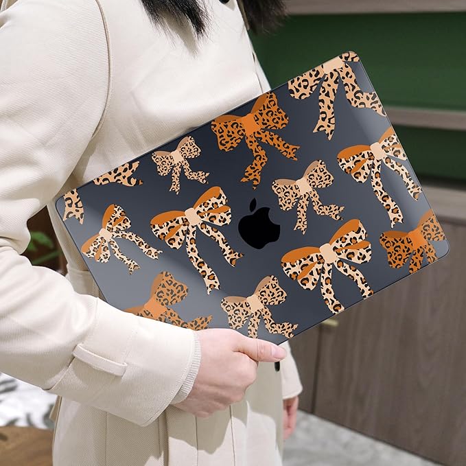 MEEgoodo Case for MacBook Air M4/M3/M2 13.6 inch 2025 2024 2022, Fit Model A3240 A3113 A2681, Compatible with MacBook Air 13 inch, Laptop Hard Shell with Keyboard Cover, Ribbon Bow with Leopard Skin