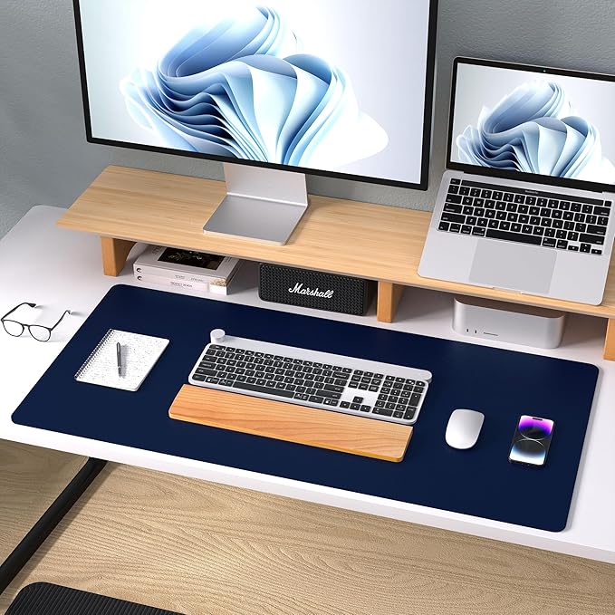 Aothia Leather Desk Pad Protector, Mouse Pad & Office Mat - Non-Slip PU Leather Desk Blotter, Laptop & Writing Pad - Waterproof for Office & Home (Dark Blue, 36" x 17")