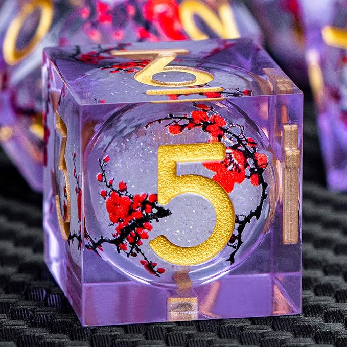ARUOHHA DND Resin Dice Plum Blossom Liquid Core Golden Purple Sharp Edged Dragons Polyhedral Dice Set with Gift Box, Dungeons D and D Dice Set Role Playing Game D20 D12 D10 D8 D6 D4