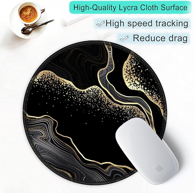 ITNRSIIET Round Mouse Pad with Stitched Edge Premium-Textured Waterproof Non-Slip Rubber Base Desktop Protection Mat Diameter 8.7 inches, Black Gold Marbling