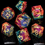 ARUOHHA Liquid Core DND Dice Set, 7pcs Resin Sharp Edged Dragons Dice Compatible with D&D Role Playing Games, RPG Golden Numbers Orange Green Dungeons Polyhedral D and D Dice with Gift Box D20 D10 D6