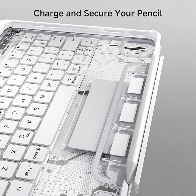 iPad Keyboard Case for 2024 M4 iPad Pro 11 inch, Magic Wireless Keyboard with Trackpad 7 Color Backlit, 360° Rotating Stand Transparent Protective Cover with Pencil Holder (White)