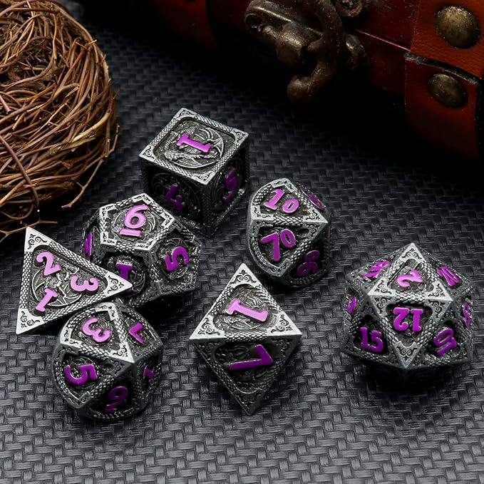 Haxtec Metal DND Dice Set Black Purple Dragon Pattern D&D Dice Set with Leather Dice Bag Metal Polyhedral Dice Compatible with Dungeons and Dragons TTRPG Gifts
