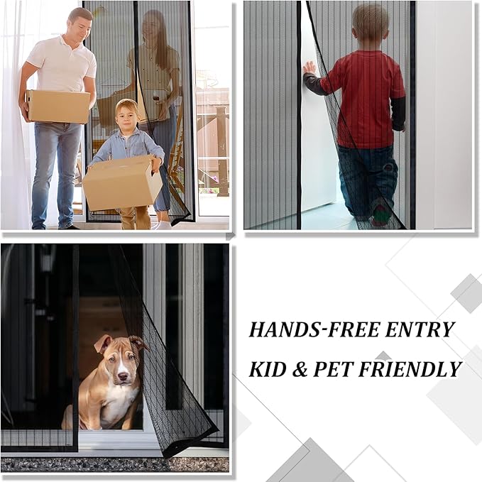 Magnetic Screen Door - Self Sealing, Heavy Duty, Hands Free Mesh Partition Keeps Bugs Out Let Breeze in- Pet and Kid Friendly - Keep Open Feature (Black, Fit Door Size 32x 82 Inch)