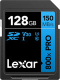 Lexar 128GB High-Performance 800x PRO SD Card, UHS-I, C10, U3, V30, 4K, Up to 150MB/s Read SDXC Memory Card, for Point-and-Shoot & Mid-Range DSLR Cameras, HD Camcorders (LSD0800P128G-BNNNU)