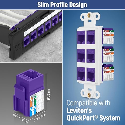 Everest 90° Angled RJ45 Cat6A Keystone Jacks 10-Pack in Purple - Slim Profile Female RJ45 Connectors - Cat 6A Keystone Jack - Compatible with 90° Angled Speed Termination Tool - easyJACK (B094WB91H3)