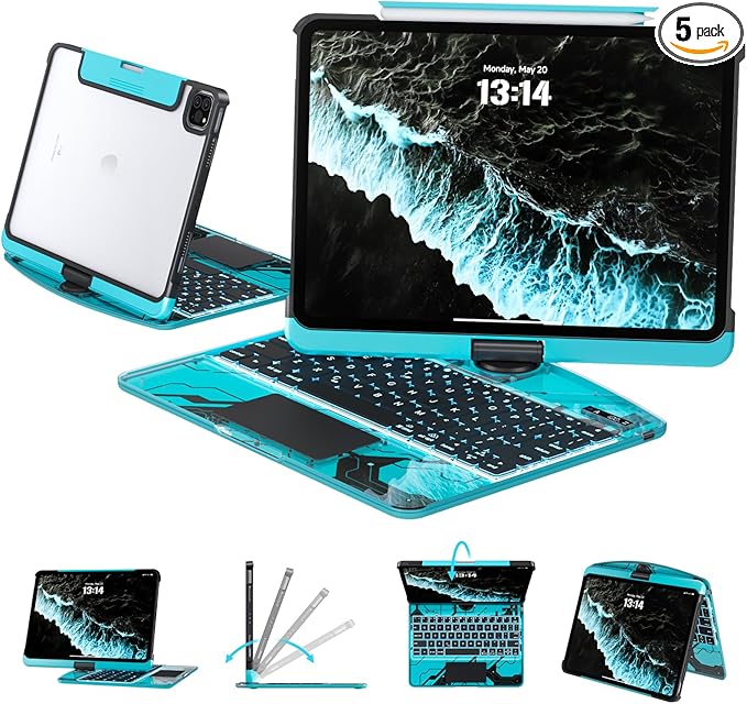 Transparent Case with Keyboard for iPad Air 13 Inch (M3/M2, 2025/2024), iPad Pro 12.9 Inch (6/5/4/3 Gen),7-Color Backlit,Magic Wireless Keyboard, 360°Rotating,with trackpad,Pencil Holder,Blue