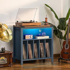 Large Record Player Stand with Charging Station & LED Lights, Vinyl Records Storage Holder Cabinet Holds up to 230 Albums, Turntable Stand for Music Room, Bedroom, Living Room, Office (Blue)
