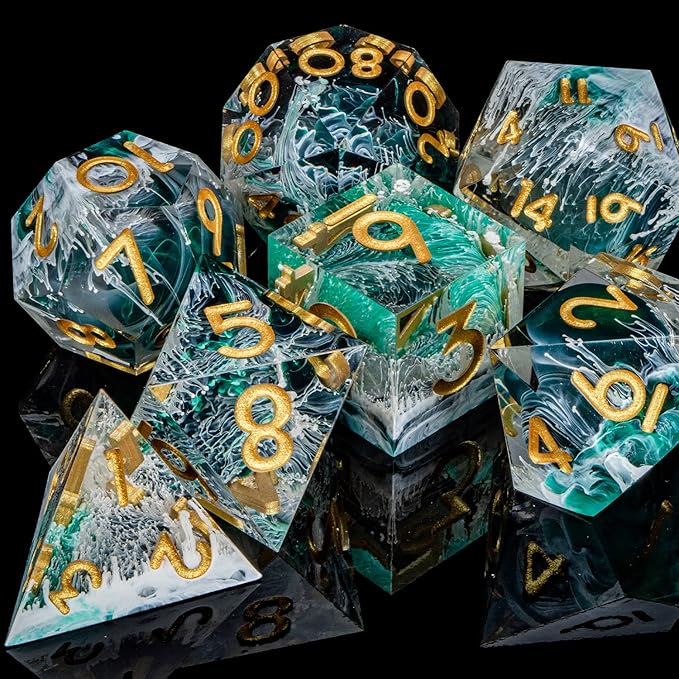 ARUOHHA Sharp Edge Dice DND Resin Translucent Dice Set, Green Handmade D and D Dice Set RPG Role Playing Games Polyhedral Dice D20 D12 D10 D8 D6 D4