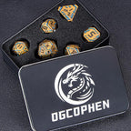 Metal DND Sci-fi Dice Set 7PCS Stripe Polyhedral Dice for Dungeons Dragons RPG Role Playing Game, Glitter D and D Dice with Gift Box D6 D8 D10 D12 D20 (Ancient Gold&Green Purple)
