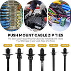 60 Pcs Push Mount Cable Ties Assorted Sizes, Black Nylon Push Mount Zip Ties Wire Harness Clips, 6-Types Snap in Zip Ties Self Locking Automotive Wire Ties for Wire Tying, Automotive