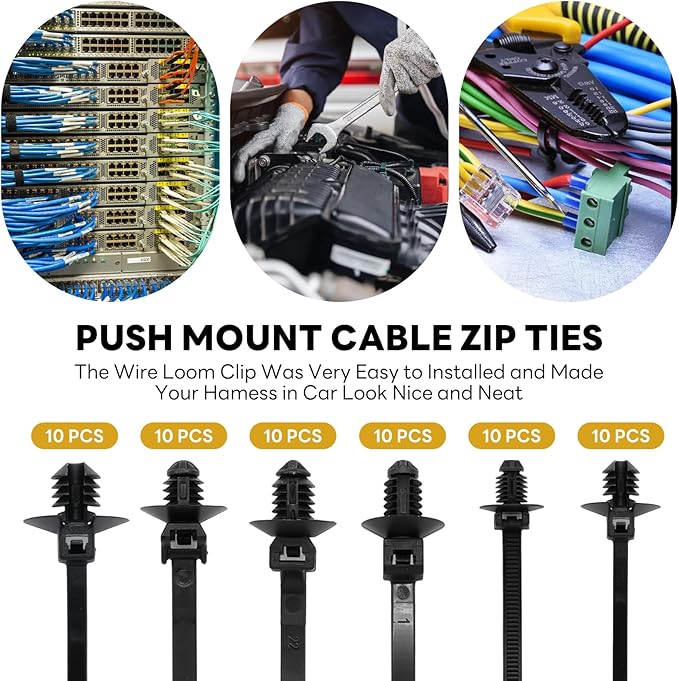 60 Pcs Push Mount Cable Ties Assorted Sizes, Black Nylon Push Mount Zip Ties Wire Harness Clips, 6-Types Snap in Zip Ties Self Locking Automotive Wire Ties for Wire Tying, Automotive
