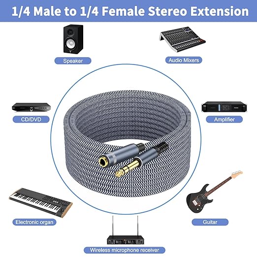 1/4 inch Extension Cable 50ft, 1/4" inch Male to Female Stereo Extension Cable
