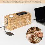 StorageWorks Large Cable Management Box, 2 Slots Wicker Cable Organizer to Hide Cords and Power Strip, Water Hyacinth Cord Hider Box for Home & Office