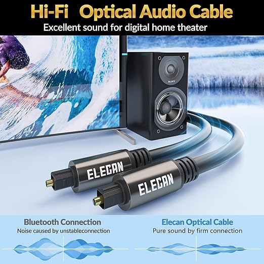 Elecan Optical Audio Cable 200 Ft Digital Audio Toslink Cable Cord-Fiber Optic-Gold Plated-Flexiable&Durable-for Home Theater,Sound Bar,PS4&Xbox-with 4 Right Angled and Mini Toslink Adapters+Ties