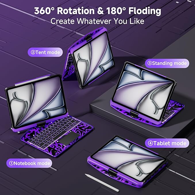 iPad Keyboard Case for 2024 M4 iPad Pro 13 inch, Magic Wireless Keyboard with Trackpad 7 Color Backlit, 360° Rotating Stand Transparent Protective Cover with Pencil Holder (Purple)