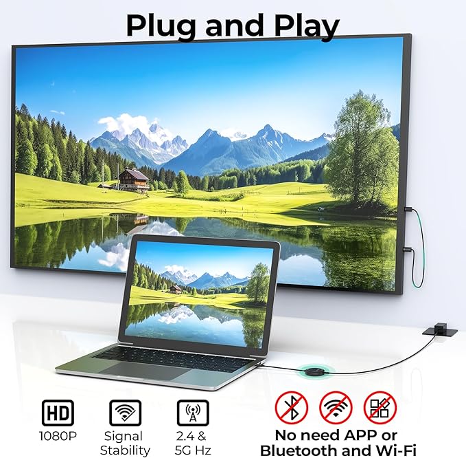 Wireless HDMI Transmitter and Receiver, USB-C to HDMI Extender with PD3.0, Wireless Display Adapter for Streaming Video from Phone/Laptop/Camera to Monitor/Projector, No App/Bluetooth Required