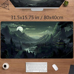 XXL Large Gaming Mouse Pad Anime Green Moon Mountains Desk Mat, Desk Decor Mousepad Computer Mat, Non-Slip Rubber Base Desk Pad, Laptop Keyboard and Mouse Mat with Stitched Edges, 31.5x15.75 in