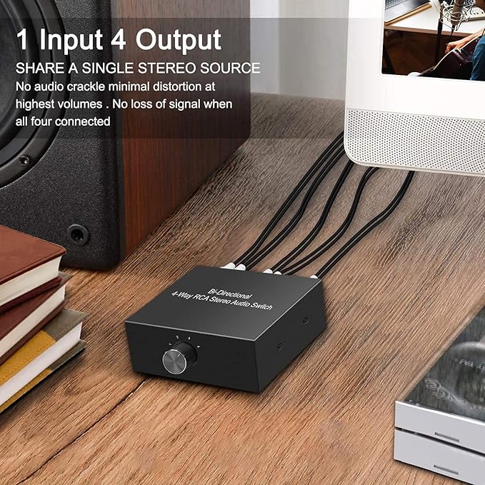 4-Way Stereo L/R Sound Channel Bi-Directional Audio Switcher, 1 in 4 Out or 4 in 1 Out, L/R Sound Channel Audio Switch Splitter RCA Stereo Switch Selector for DVD Stereo Speaker CD Player