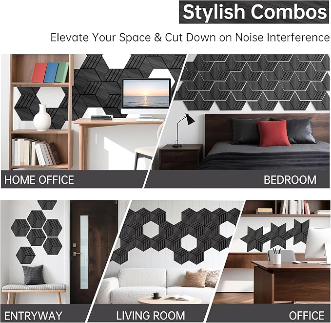 Mollywell Hexagon Acoustic Panels, Black Oak TH4, 14x12x0.4 Inch, 12 Pack |Wood Veneer|High Density Sound Proofing Wall Panels|Self Adhesive Sound Dampening Felt Wall Tiles|Home Theater|Gaming Room|