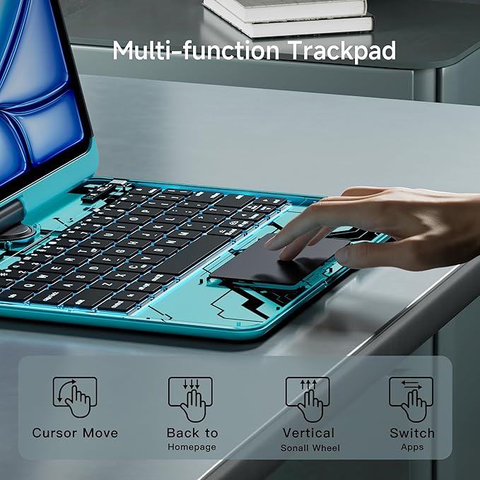 Keyboard Case for iPad 11 inch Pro 4/3/2/1st Gen & 11’’ iPad Air 2025 M3, 2024 M2 & 10.9" iPad Air 5th/4th Gen, 360° Rotating Stand Transparent Protective Cover with Pencil Holder (Cyan)