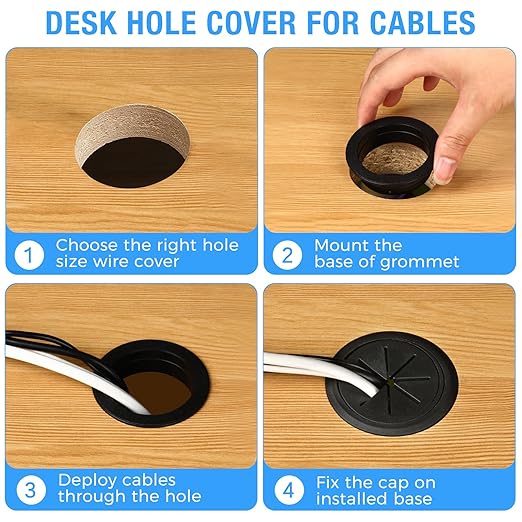 Desk Grommet 2-3/8" (60 mm), Desk Hole Cover for Cables Black, Cable Grommet ABS Plastic, Desk Hole Grommet for Office and Home Table Cable, Detachable & Flexible Cable Cord Organizer-2 Pcs