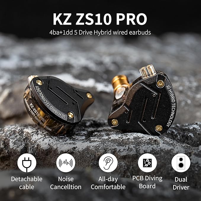 KZ ZS10 Pro Gaming Earbuds Headphone, KZ in Ear Monitor IEM HiFi Earphone with 5 Driver 4BA 1DD with Detachable 0.75mm 2 Pin Cable for Singer Musician Drummer (Purple with Mic)