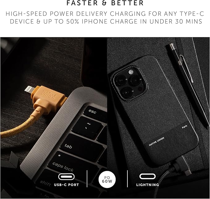 Native Union Belt Cable Duo – 5ft Ultra-Strong Braided Universal Charging Cable – Made with Recycled Materials – 2-in-1 Multi-Device MFi Certified Connectors for Lightning & Type-C Devices (Kraft)