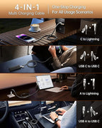 4-in-1 Long USB C Cable 10FT Compatible with Lightning Cable 90 Degree Fast Charging Flat Nylon Braided for iPhone/iPad Charger Cord Multi Charge Cord with L/USB C/USB A Ports, Grey