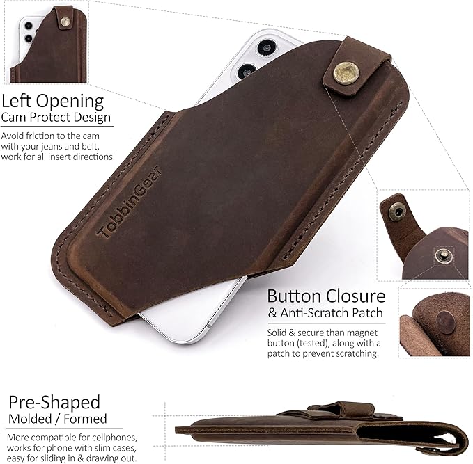 TobbinGear Leather Cell Phone Holster with Belt Clip, Universal Phone Holster for Men Belt Holder, Leather Case for iPhone, Samsung Galaxy Phones, Dark Brown, Large