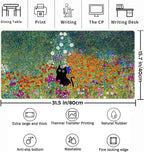 Desk Pad Cute Black Cat Oil Painting Art Floret Desk Mat Office Desk Decor Large Mouse Pad Gaming, XL Mousepad Women Office Desk Decor Laptop Keyboard Mouse Pads with Stitched Edges Mat 31.5x15.7 in