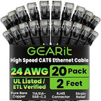 GearIT Cat 6 Ethernet Cable Pack - 20-Pack 2 ft Cat6 Ethernet Patch Cables | RJ45 Network Patch Cable, 10 Gbps Snagless Gold-Plated Connectors - Ethernet Cable Cat 6 for PC, TV, Router - Black