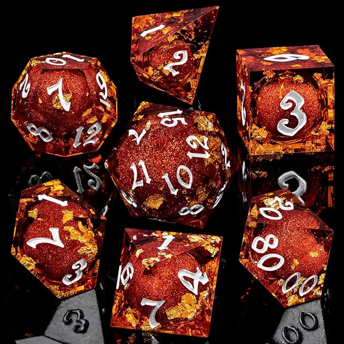 ARUOHHA Liquid Core DND Dice Set, 7pcs Resin Sharp Edged Dragons Dice Role Playing Games, RPG Silver Numbers Red Dungeons Polyhedral Dice with Gift Box D20 D12 D10 D8 D6 D4