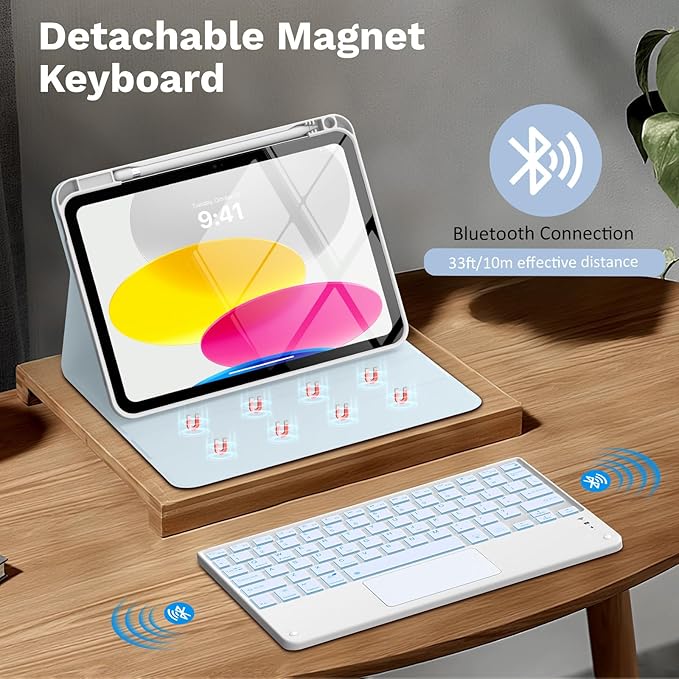 MoKo Touch Keyboard Case for iPad (A16) 11th Generation 11 inch 2025, iPad 10th Generation 10.9 inch Case with Pencil Holder, 7 Colors Backlit Multi-TrackPad Detachable Bluetooth Keyboard, Sky Blue