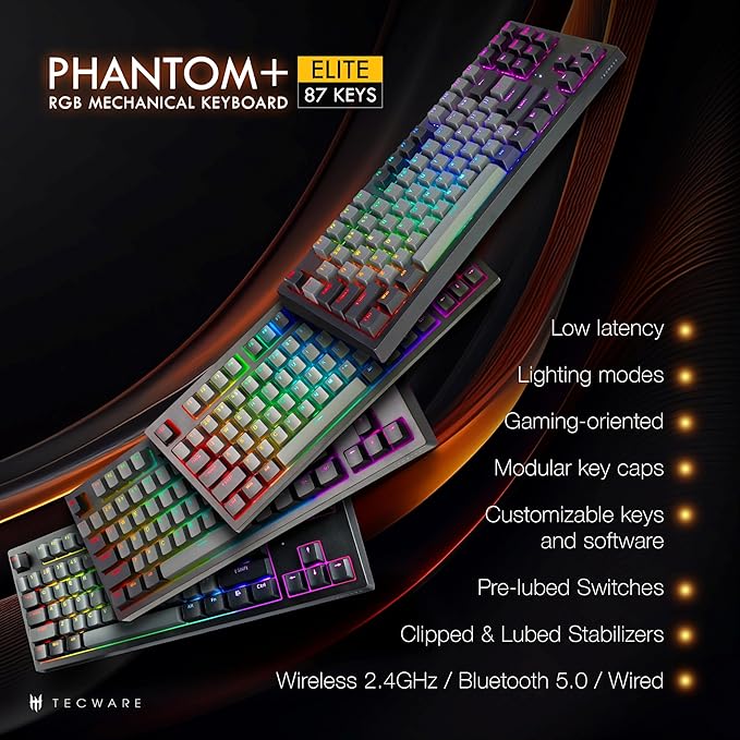 TECWARE Phantom+ Elite 87 Key RGB Mechanical Gaming Keyboard, LED Backlit, Universal Hot-Swap, Wired and Wireless, 3 Mode Connectivity, Thocky Sounding, Black Elite Wraith Brown