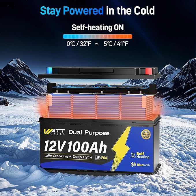 12V 100Ah Marine Starting LiFePO4 Battery Bluetooth, [Cranking &Deep Cycle] Lithium Battery with Self-Heating, Built-in 200A BMS, Perfect for Trolling Motor, RV, Marine, Boat