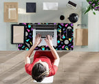 Retro 80s Desk Mat, Cute 90s XXL Large Gaming Mouse Pad, Black Boho Desk Pad with Stitched Edges, Computer Laptop Keyboard and Mouse Mat, Aesthetic Office Decor Non-Slip Mosuepad, 31.5x15.75 in