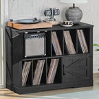Large Record Player Stand with Vinyl Storage Up to 450 Albums, 39 Inch Farmhouse Wood Black Vinyl Records Storage Cabinet with Barn Doors, Mid-Century Modern Turntable Stand for Living Room