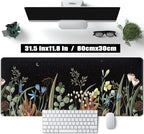 Cute Gaming Black Wild Flowers Desk Mat Mouse Pad Star Moon Floral Mousepad Large, XL Big Computer Keyboard and Mouse Mat Desk Pad Mat with Stitched Edge for Women Office Decor Deskmat 31.5x11.8 in