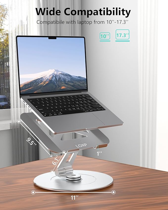 Ultra-Stable Swivel Laptop Stand for Desk with 360 Rotating Larger Base, Aluminum Anti-Loosening Structure, Height Adjustable Laptop Stand, Fits 10"-17.3" Laptops，Silver