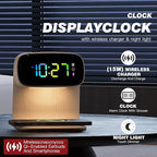 Digital Alarm Clock with Wireless Fast Charging Station 15W Touch Smart Lamp for Bedside,3 Colors Nightlight Adjustment Night Lamp for Living Room,Bedside,Heavy Sleepers (Woodgrain+Cable&Adapter)