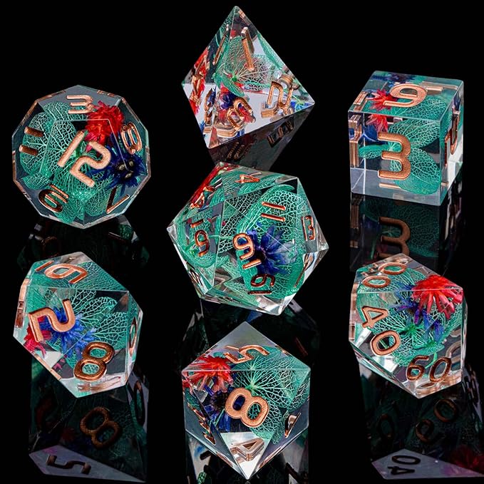 ARUOHHA DND Resin Dice Translucent Green Leaf Sharp Edged Dice Set with Box, 7pcs Flower Inclusions Polyhedral D and D Dice RPG Role Playing Game D20 D12 D10 D6