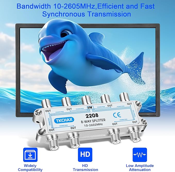 8 Way Coaxial Cable Splitter,Support 10-2602MHz, RG6 Compatible, Nickel-Plated for Cable Splitter,Work with CATV, Satellite TV,Antenna System and MoCA Configurations