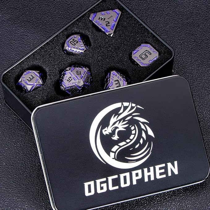 Metal DND Sci-fi Dice Set 7PCS Stripe Polyhedral Dice for Dungeons Dragons RPG Role Playing Game, Glitter D and D Dice with Gift Box D6 D8 D10 D12 D20 (Black Purple) ﻿