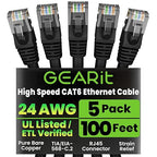 GEARit Cat 6 Ethernet Cable Pack - 5-Pack 100 ft Cat6 Ethernet Patch Cables | RJ45 Network Patch Cable, 10 Gbps Snagless Gold-Plated Connectors - Ethernet Cable Cat 6 for PC, TV, Router - Black