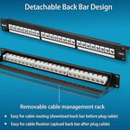 Rapink Patch Panel 24 Port Cat6 with White Inline Keystone 10G Support, Pass-Thru Coupler Patch Panel UTP 19-Inch with Removable Back Bar, 1U Network Panel for Cat6, Cat5e, Cat5 Cabling